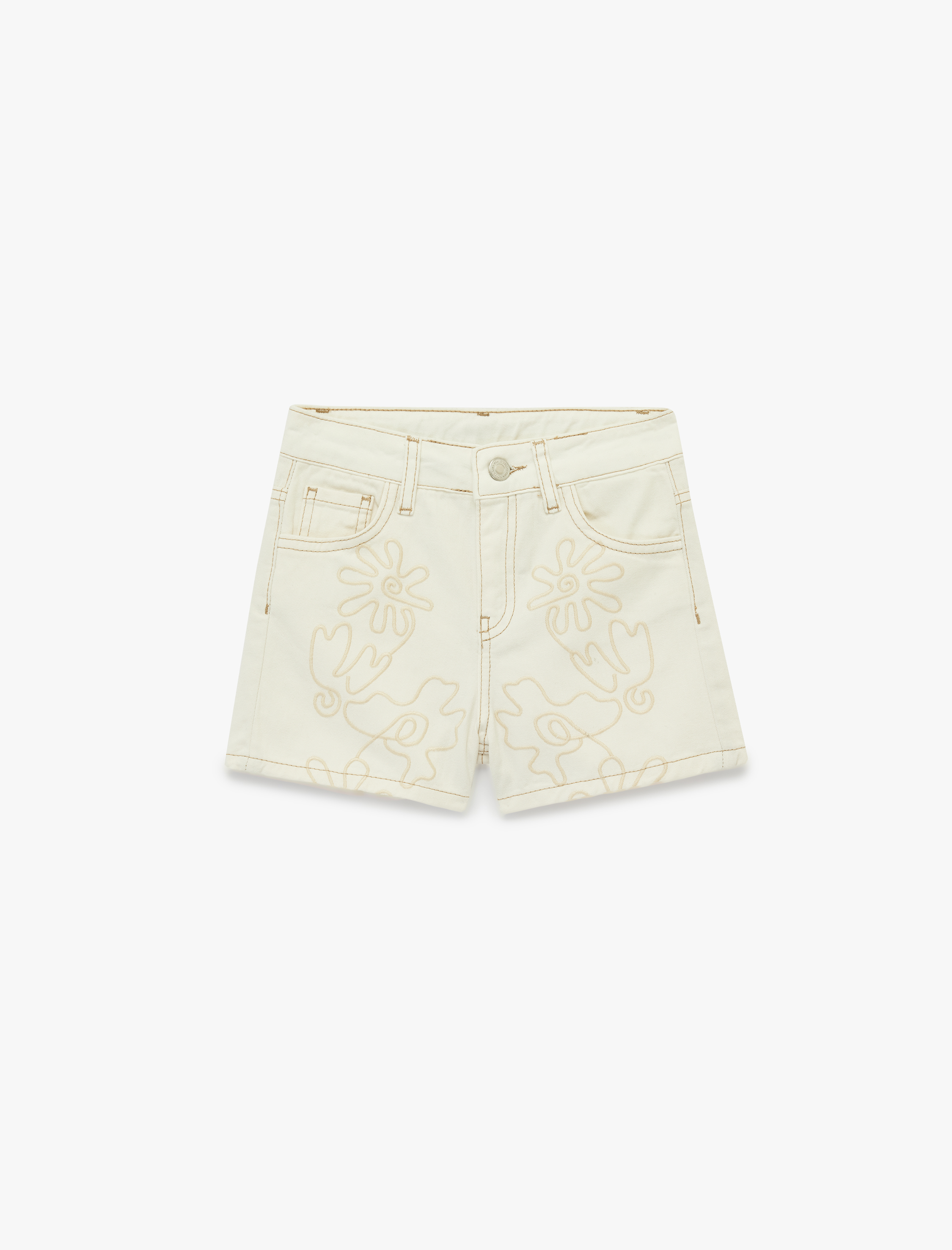  Kız Çocuk Pamuklu Cepli Nakış Detaylı Denim Şort