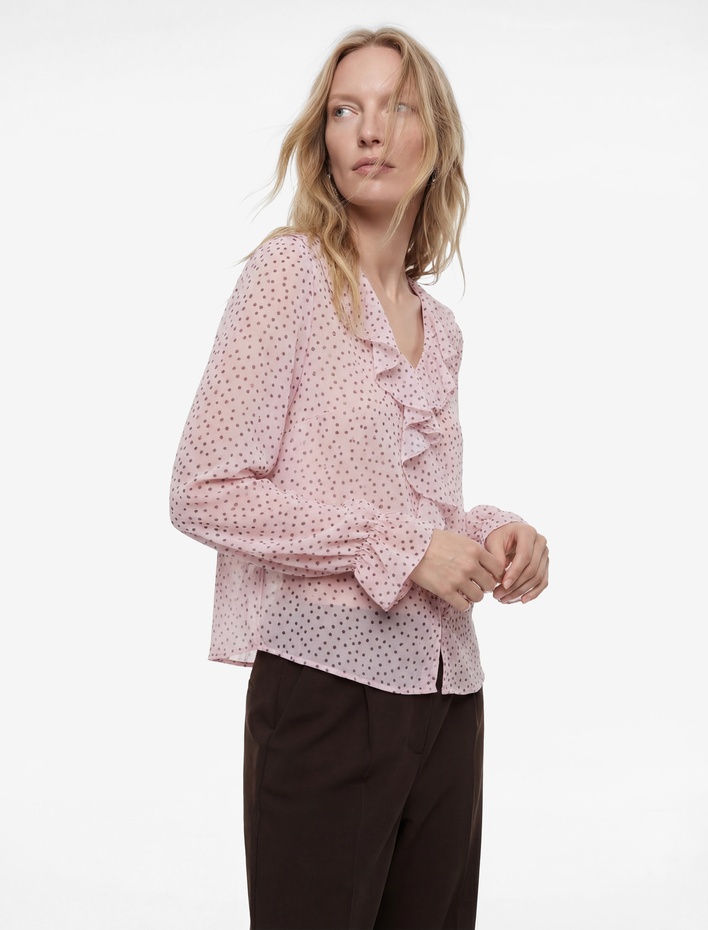  Uzun Kollu Puantiye Desenli  V Yaka Fırfırlı Şifon Bluz