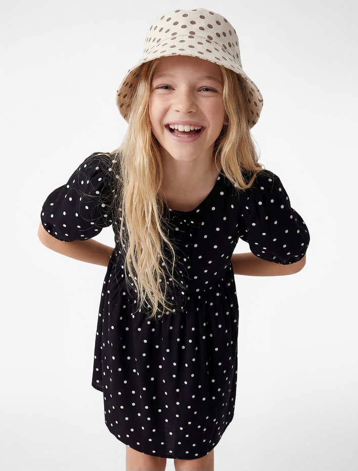 Kız Çocuk Bisiklet Yaka Balon Kollu Fiyonk Detaylı Pamuklu Puantiyeli Elbise