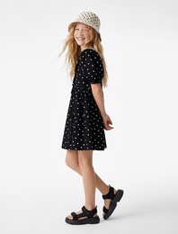 Bisiklet Yaka Balon Kollu Fiyonk Detaylı Pamuklu Puantiyeli Elbise