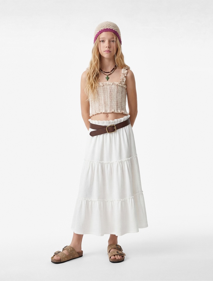 Kız Çocuk Beli Lastikli Kat Kat Detaylı Midi Etek