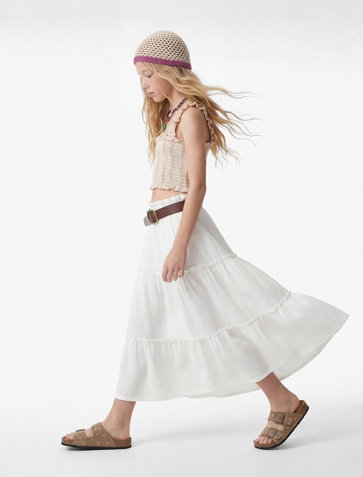 Kız Çocuk Beli Lastikli Kat Kat Detaylı Midi Etek