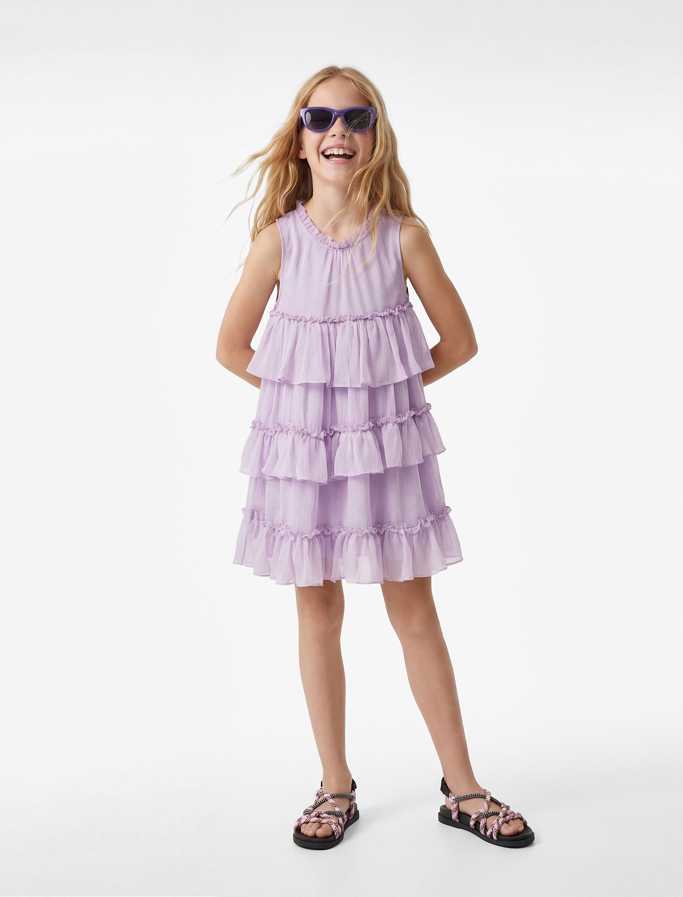  Kız Çocuk Kolsuz Bisiklet Yaka Fırfırlı Kat Detaylı Pileli Şifon Elbise