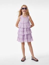 Kolsuz Bisiklet Yaka Fırfırlı Kat Detaylı Pileli Şifon Elbise