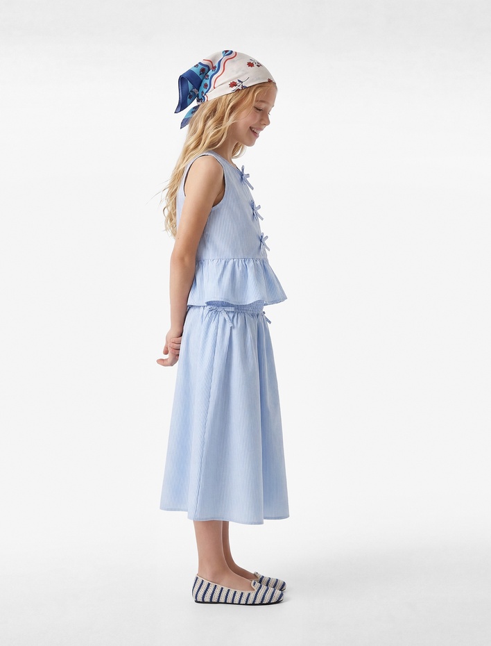 Kız Çocuk Pamuklu A Kesim Gipeli Fiyonklu Yüksek Bel Midi Etek