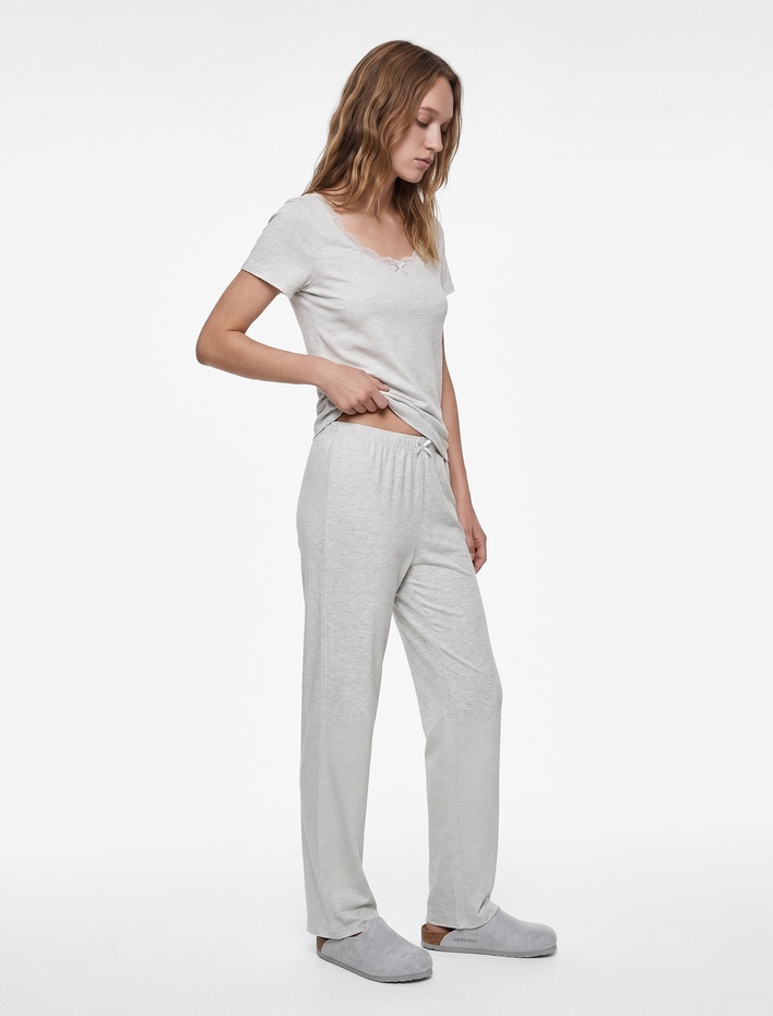  Viskon Slim Fit Kısa Kollu Bisiklet Yaka Tişört Pijama Takımı