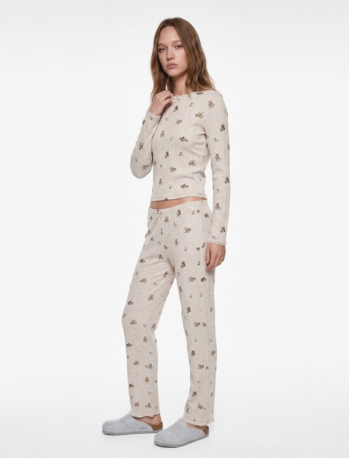  Uzun Kollu Bisiklet Yaka Slim Desenli Pijama Üstü