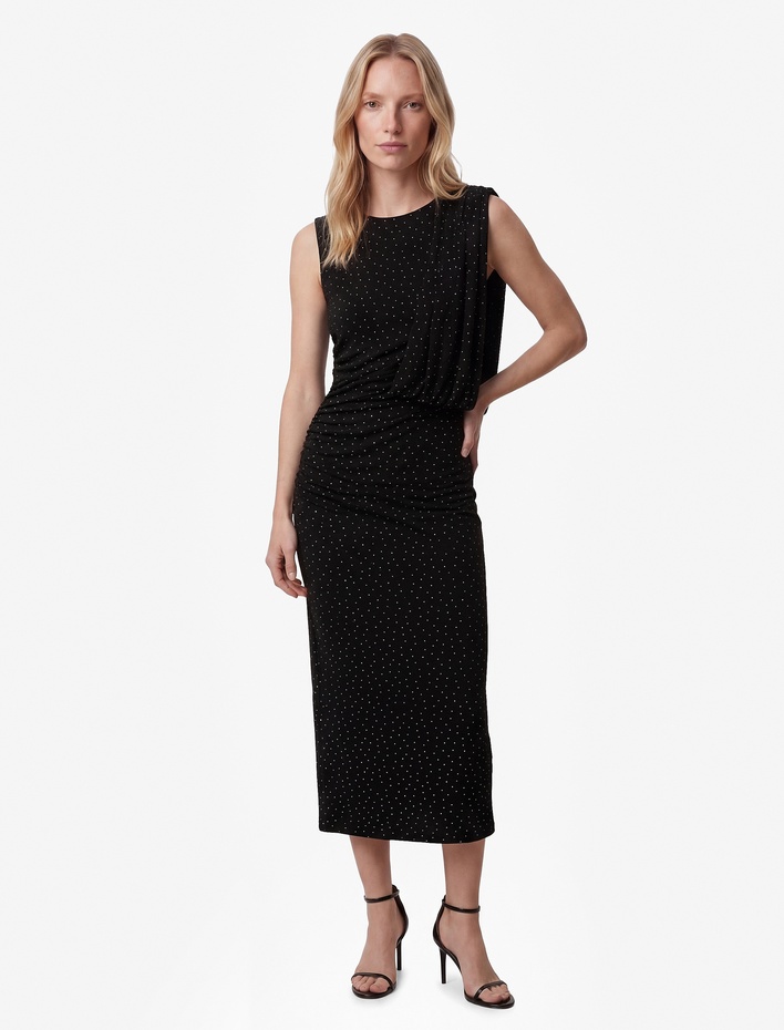  Slim Fit Kolsuz Yuvarlak Yaka Uzun Taşlı Elbise