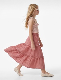 Bürümcük Kumaş Beli Lastikli Katlı Pötikareli Midi Etek