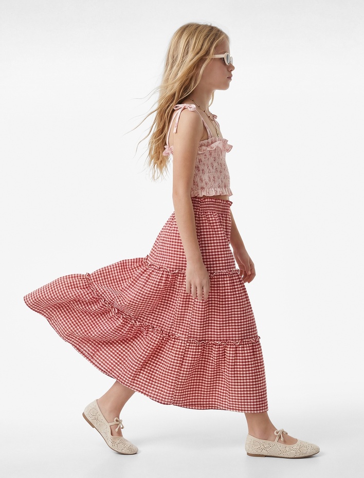 Kız Çocuk Bürümcük Kumaş Beli Lastikli Katlı Pötikareli Midi Etek