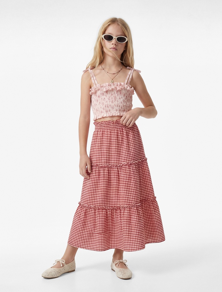 Kız Çocuk Bürümcük Kumaş Beli Lastikli Katlı Pötikareli Midi Etek