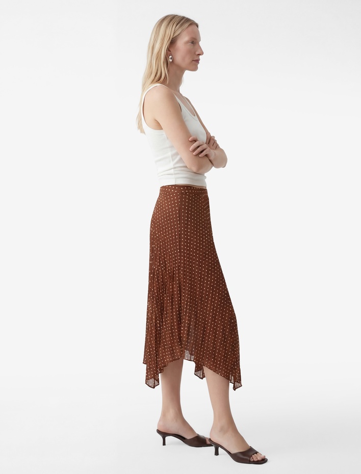  Puantiyeli Yüksek Bel Pileli Krep Kumaş Asimetrik Midi Etek