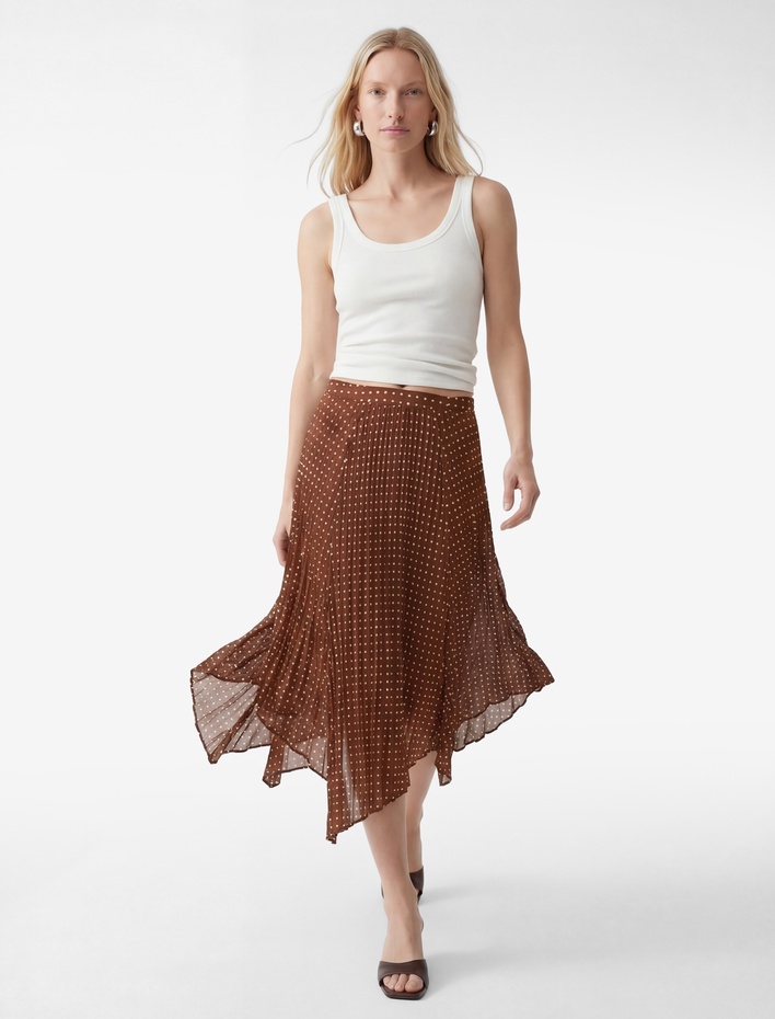  Puantiyeli Yüksek Bel Pileli Krep Kumaş Asimetrik Midi Etek