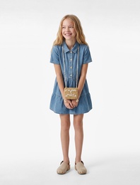 Pamuklu Düğmeli Kısa Kollu Gömlek Yaka Denim Elbise