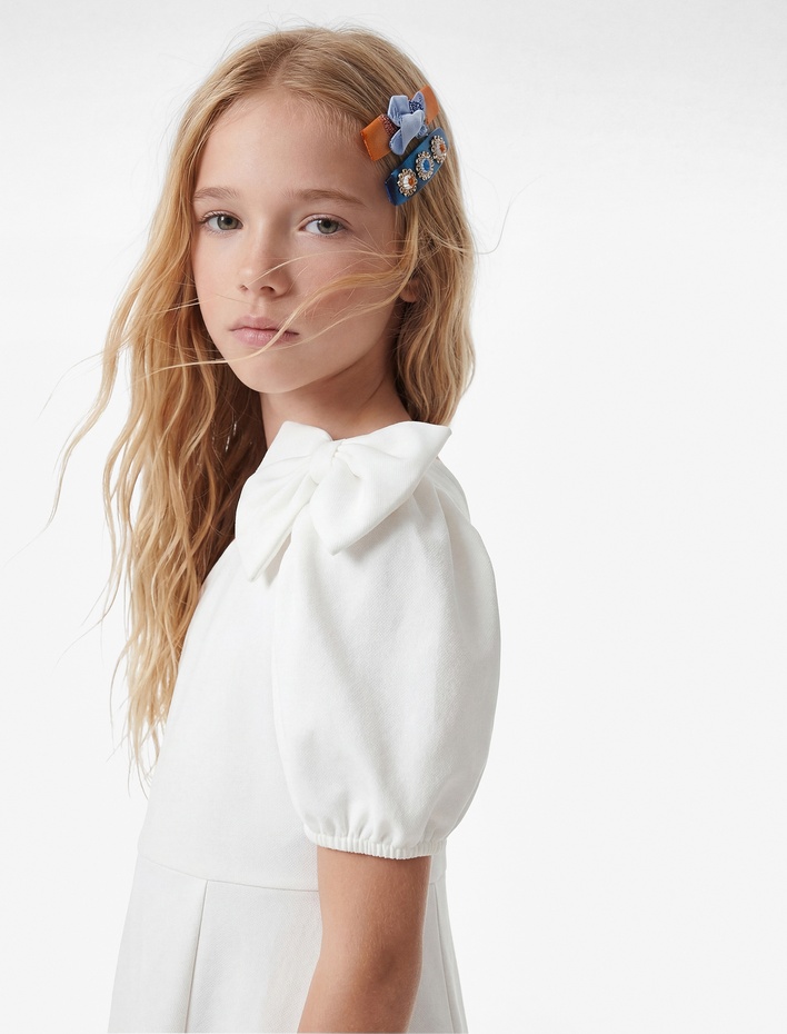 Kız Çocuk Fiyonk Detaylı Karpuz Kollu Tek Omuz Elbise