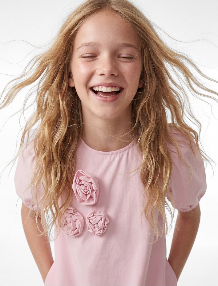 Kız Çocuk Pamuklu Balon Kollu Bisiklet Yaka Çiçekli Elbise