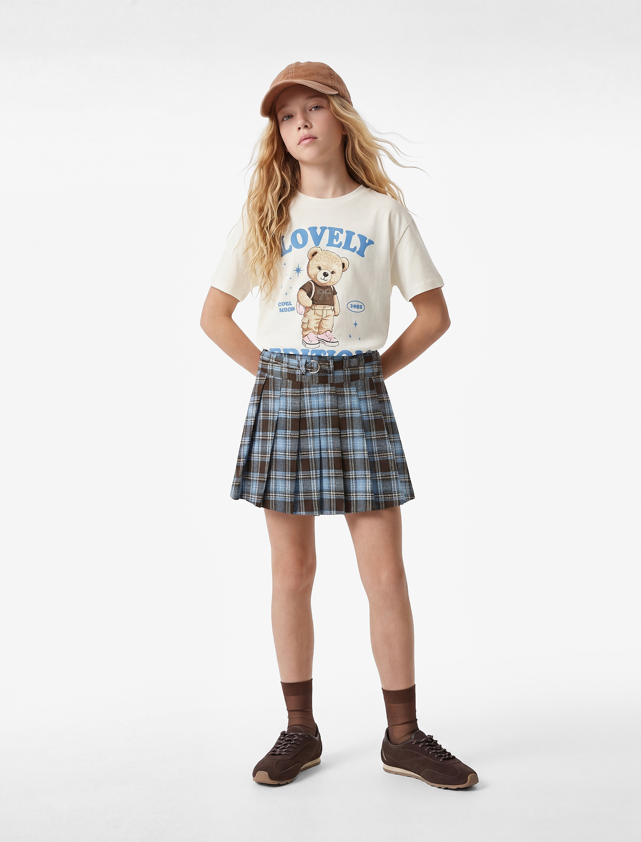  Kız Çocuk Viskon Karışımlı Ekose Desenli Metal Detaylı Kemerli Mini Etek