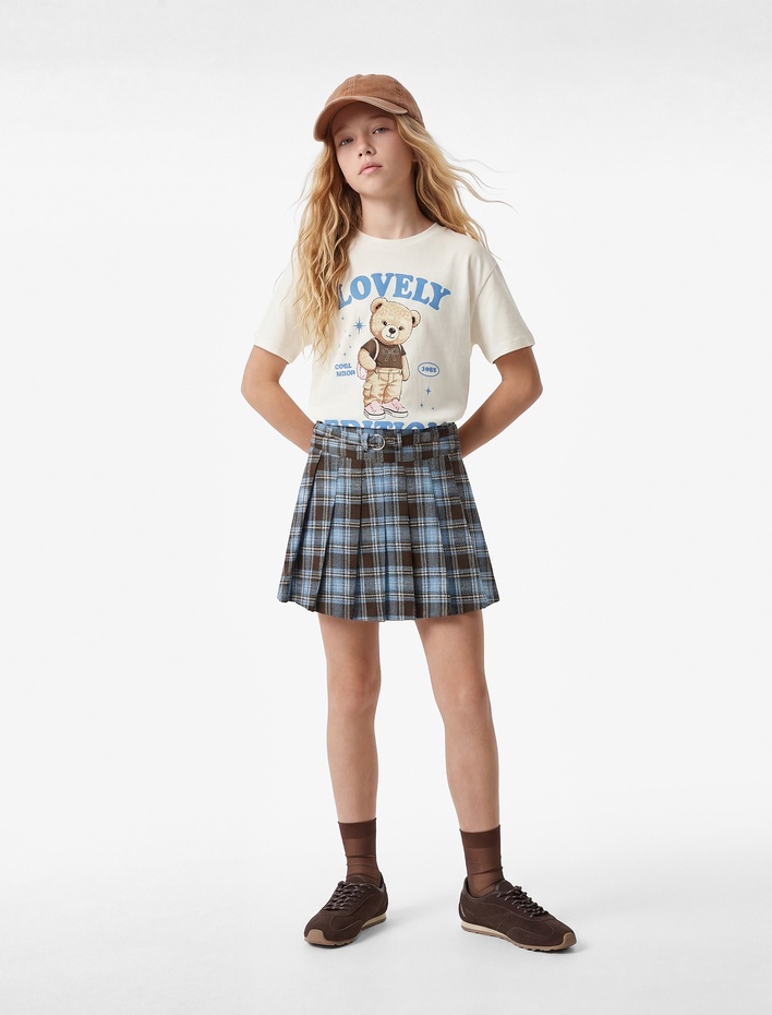 Kız Çocuk Viskon Karışımlı Ekose Desenli Metal Detaylı Kemerli Mini Etek