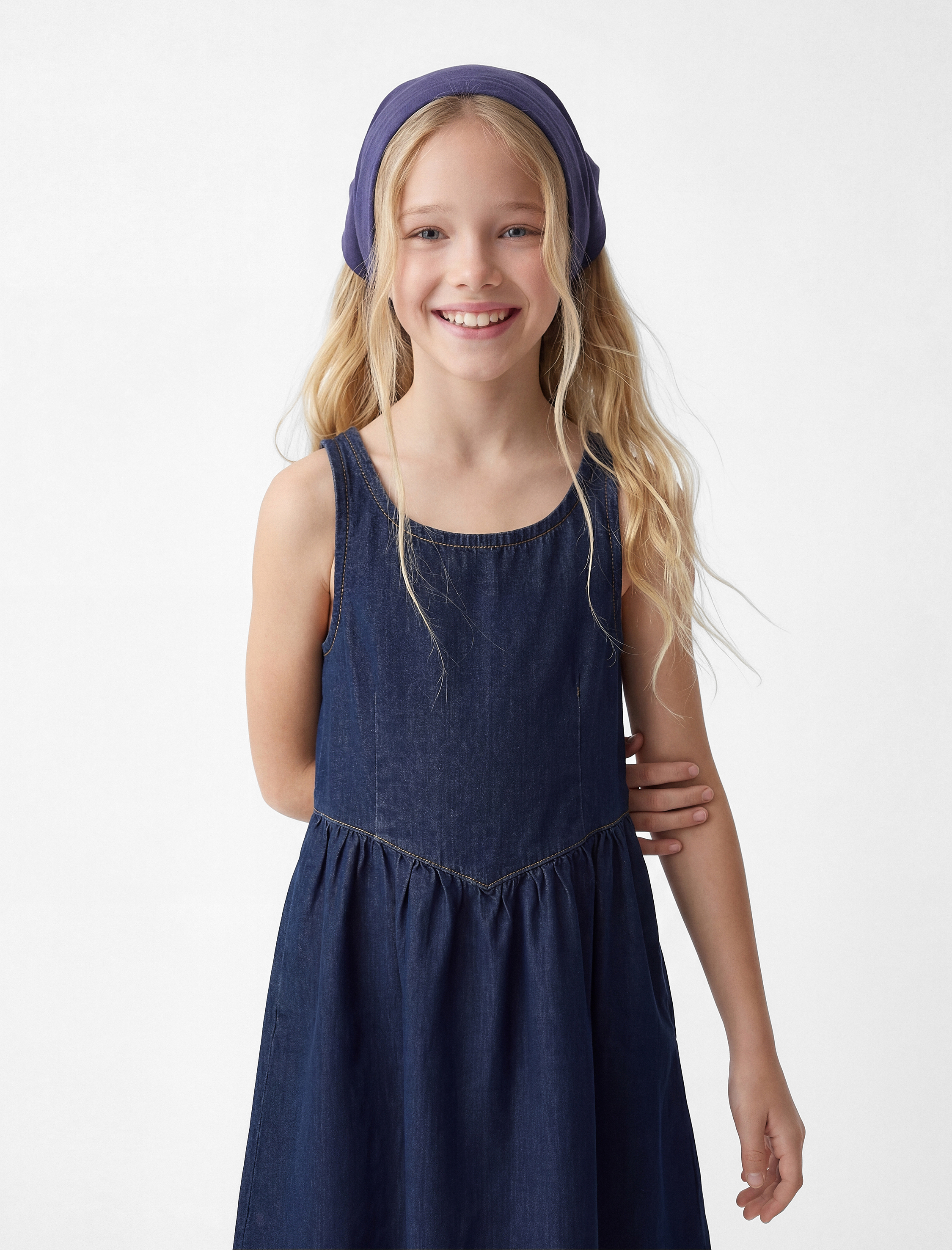  Kız Çocuk Askılı Bisiklet Yaka A Form Pamuklu Fermuarlı Bol Kalıp Denim Elbise