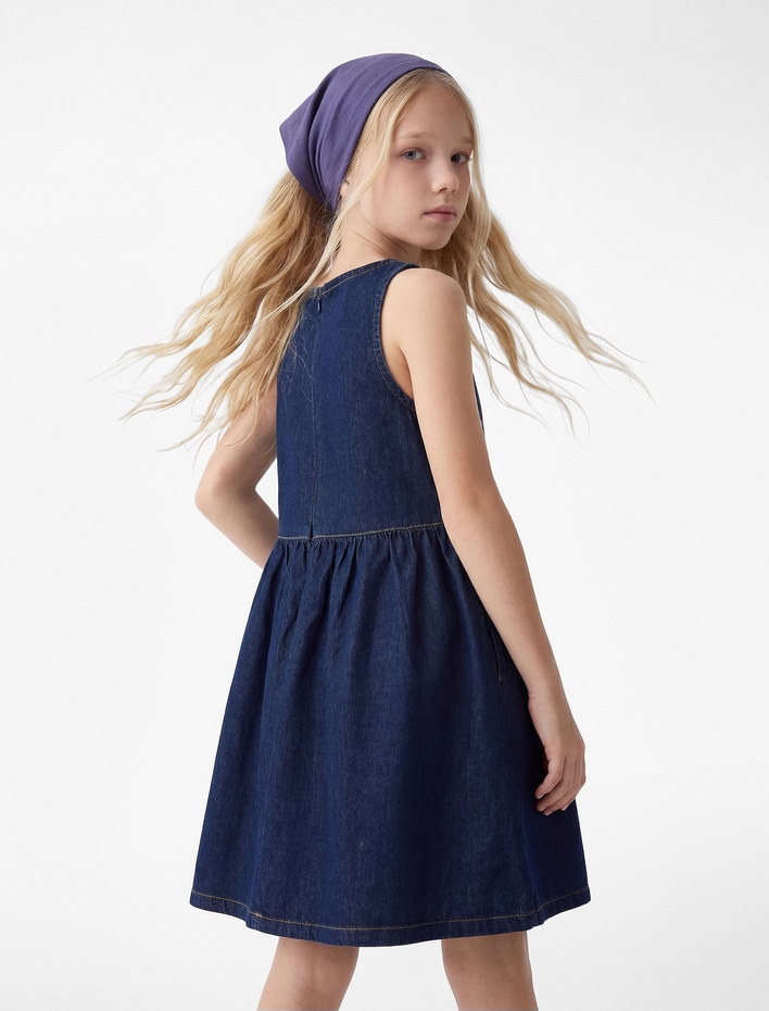 Kız Çocuk Askılı Bisiklet Yaka A Form Pamuklu Fermuarlı Bol Kalıp Denim Elbise