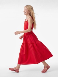 Pamuklu Kare Yaka Askılı A Kesim Pencere Detaylı Midi Elbise