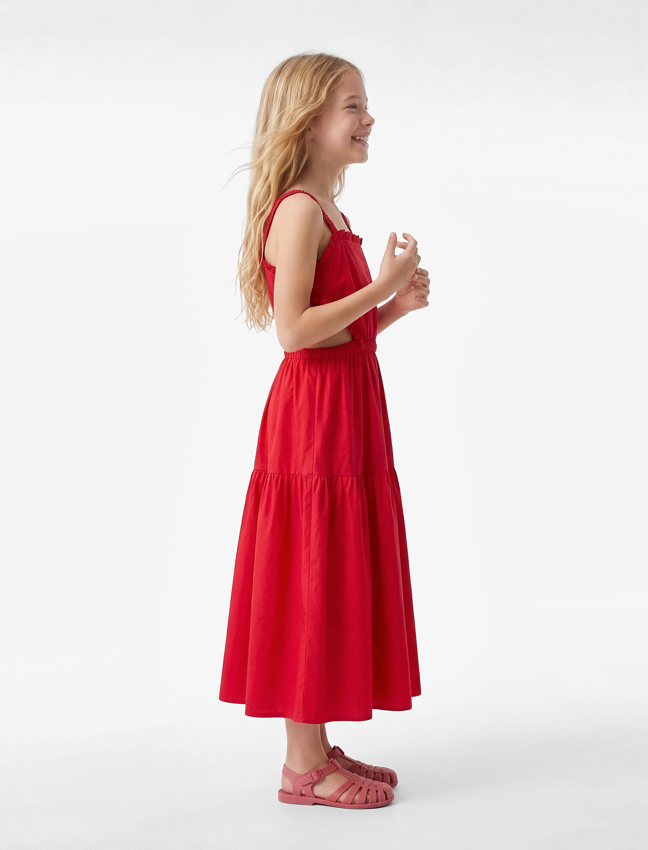 Pamuklu Kare Yaka Askılı A Kesim Pencere Detaylı Midi Elbise - Görsel 2