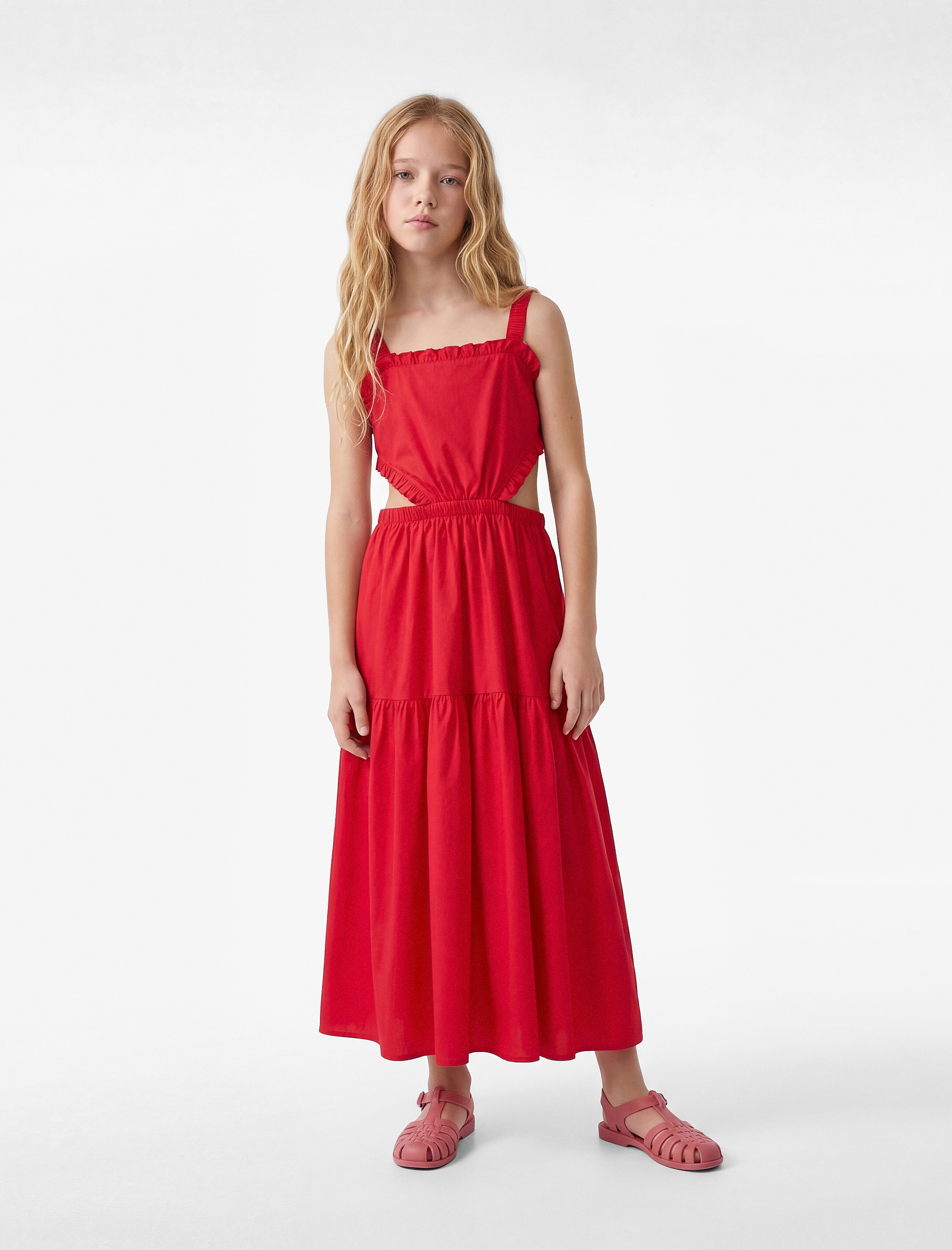 Pamuklu Kare Yaka Askılı A Kesim Pencere Detaylı Midi Elbise - Görsel 3