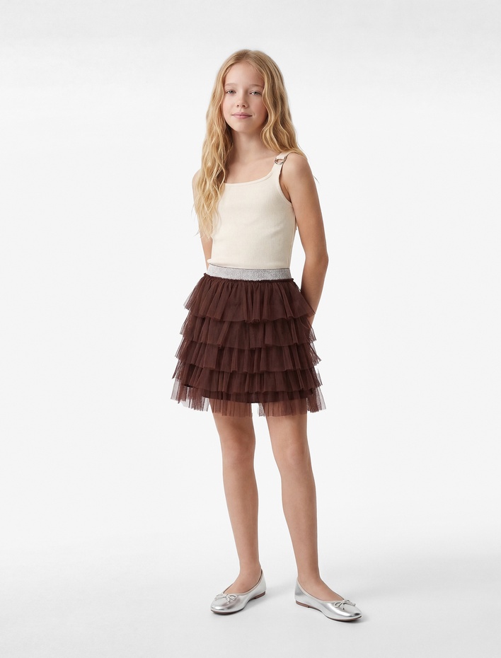 Kız Çocuk Tül Detaylı Fırfırlı Beli Lastikli Mini Tütü Etek