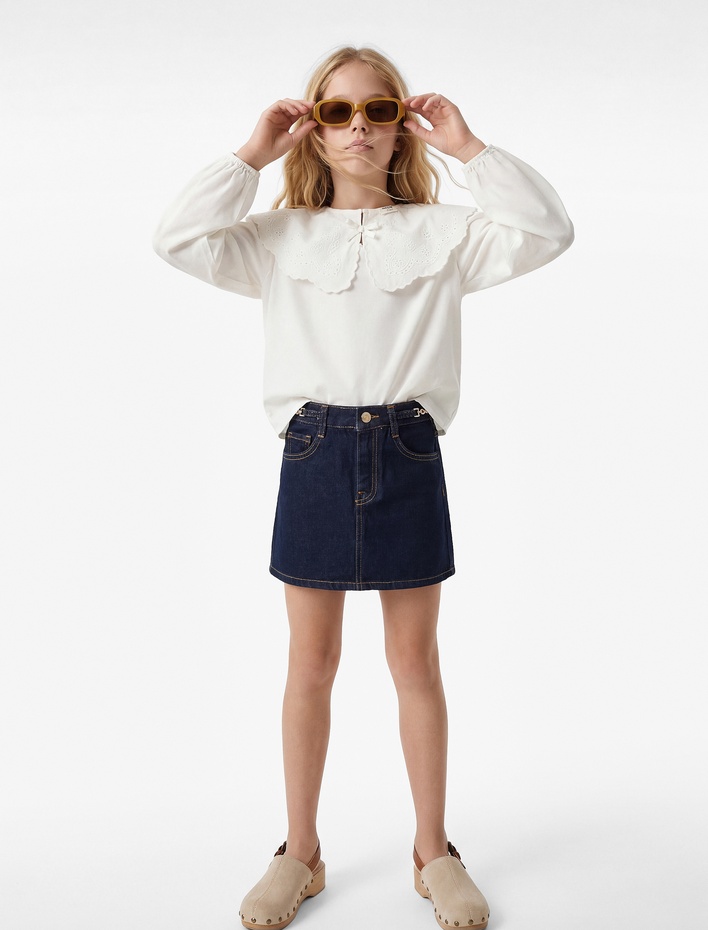 Kız Çocuk Pamuklu A Kesim Cepli Yırtmaç Detaylı Denim Etek