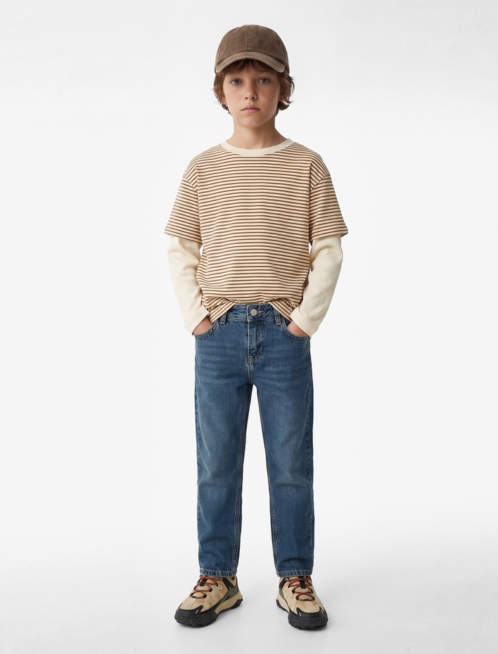 Erkek Çocuk Pamuklu Düğmeli Straight Fit Denim Pantolon