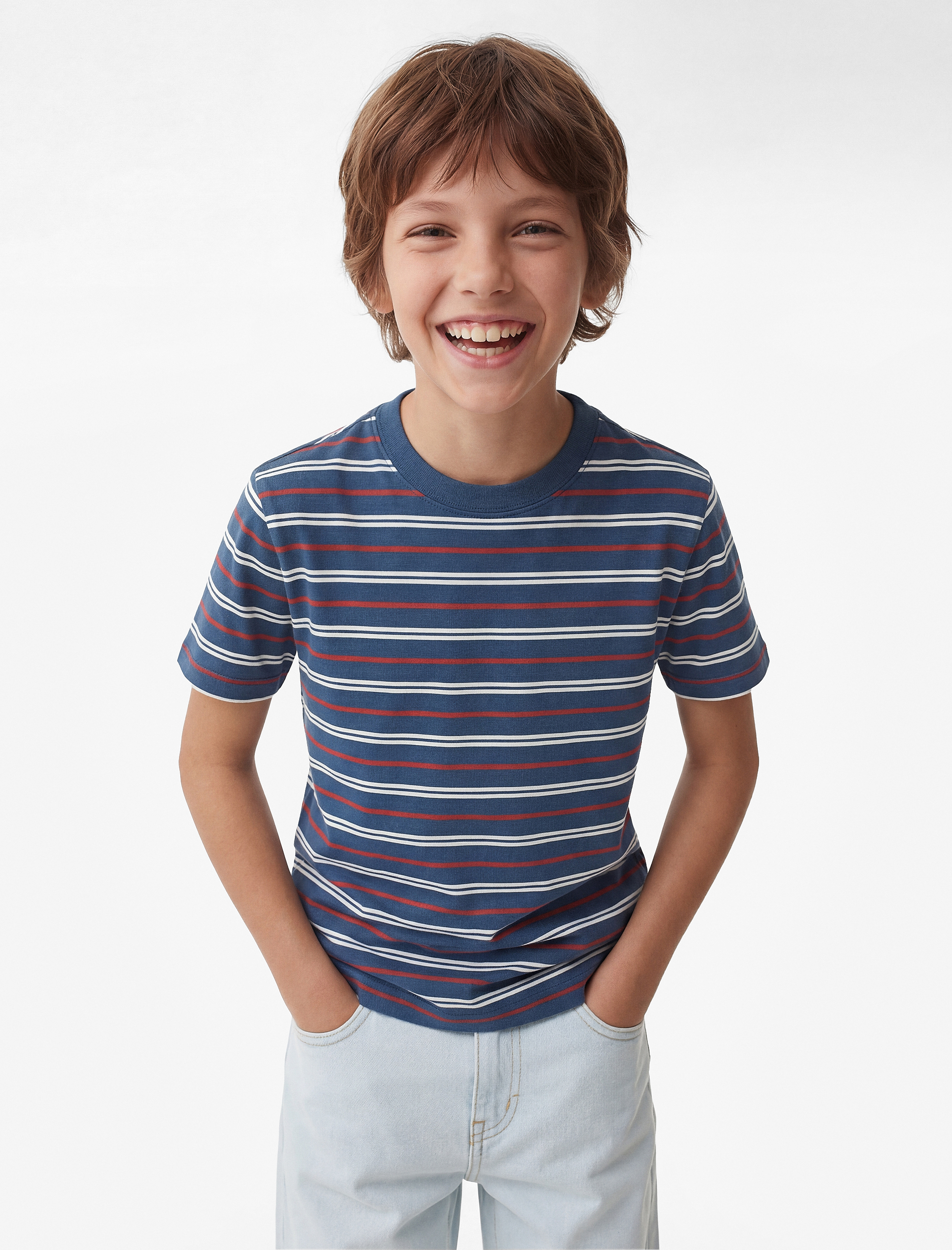  Erkek Çocuk Pamuklu Kısa Kollu Bisiklet Yaka Çizgili Tişört