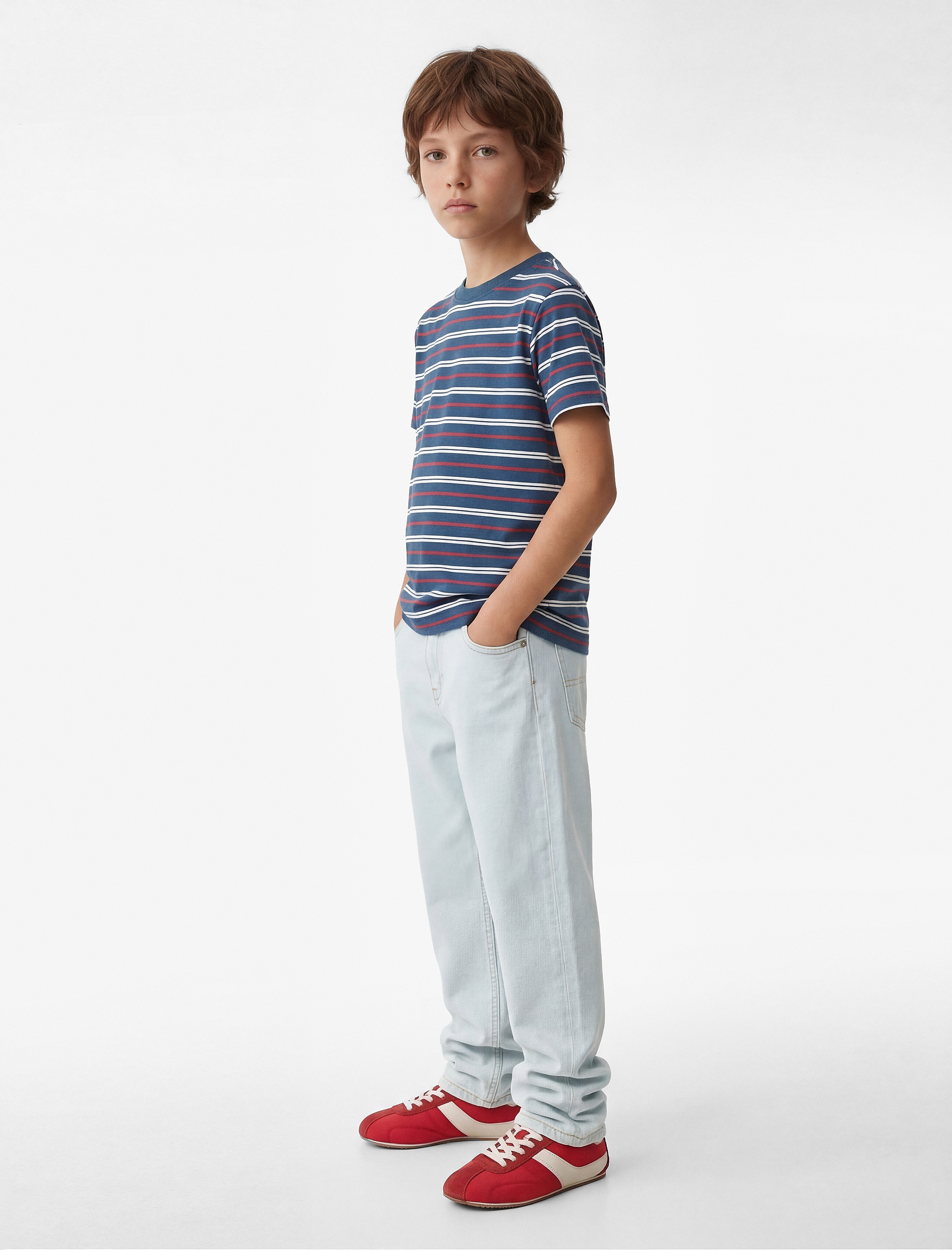  Erkek Çocuk Pamuklu Kısa Kollu Bisiklet Yaka Çizgili Tişört