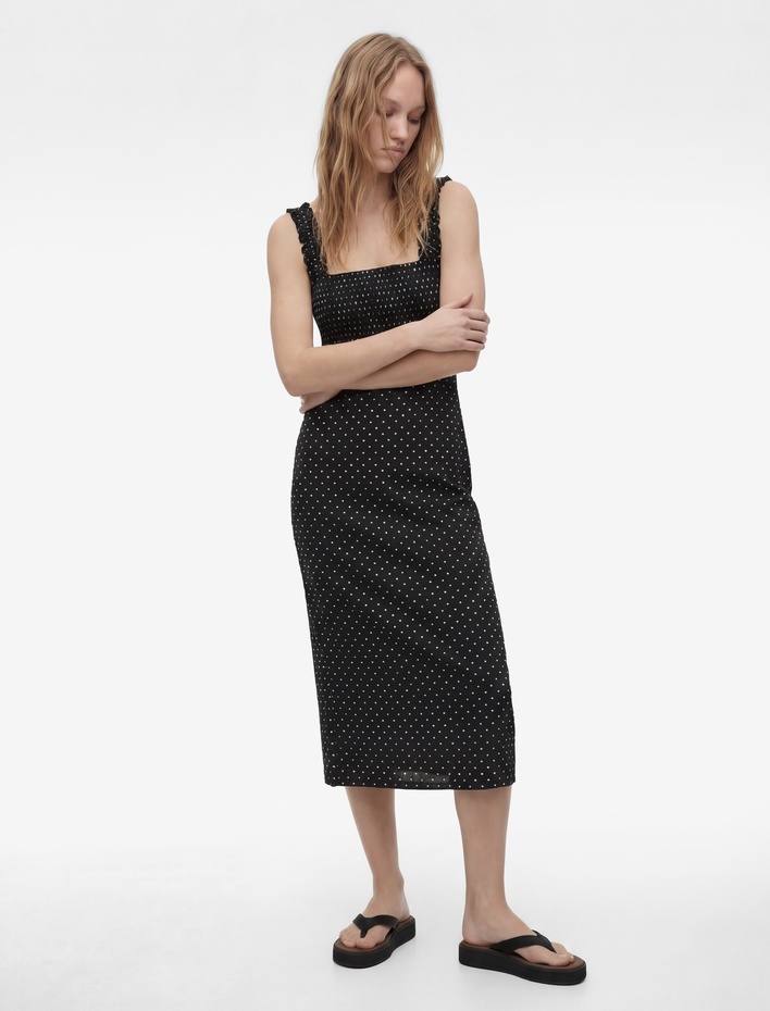  Kare Yaka Slim Fit Kalın Askılı Gipeli Midi Puantiyeli Elbise