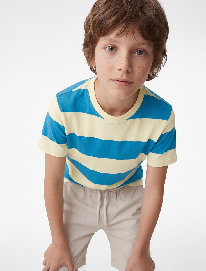 Erkek Çocuk Bisiklet Yaka Kısa Kollu Pamuklu Çizgili Tişört