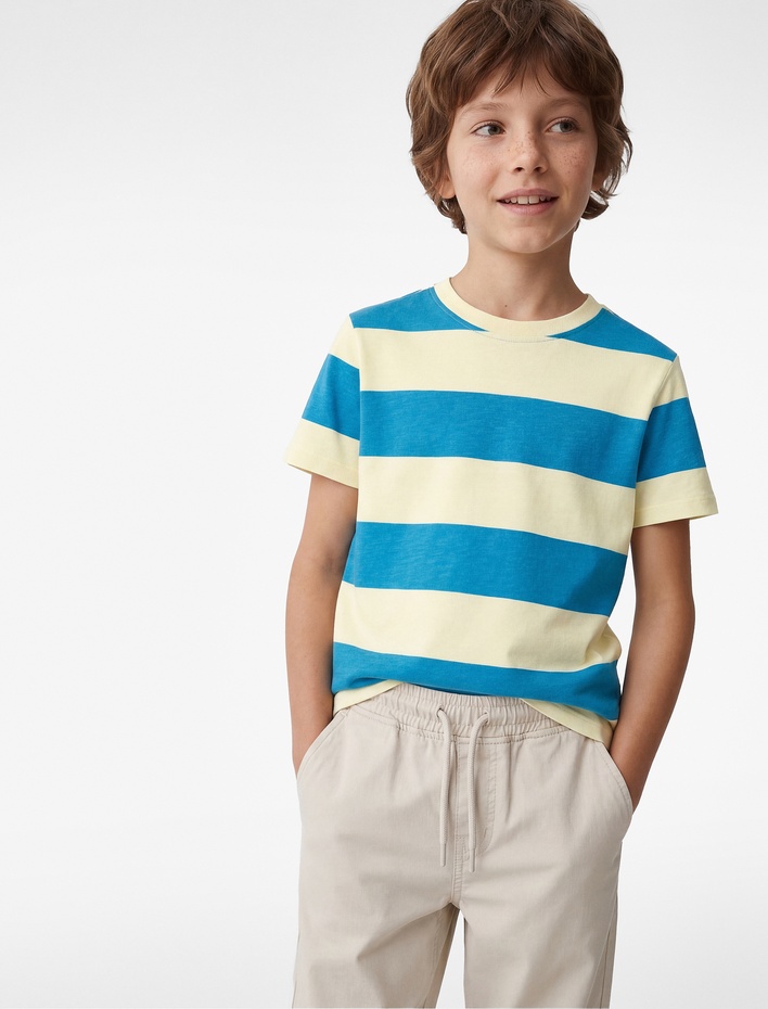 Erkek Çocuk Bisiklet Yaka Kısa Kollu Pamuklu Çizgili Tişört