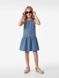 Pamuklu Bol Kalıp Kolsuz Bisiklet Yaka Balon Denim Elbise