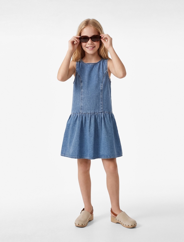 Kız Çocuk Pamuklu Bol Kalıp Kolsuz Bisiklet Yaka Balon Denim Elbise