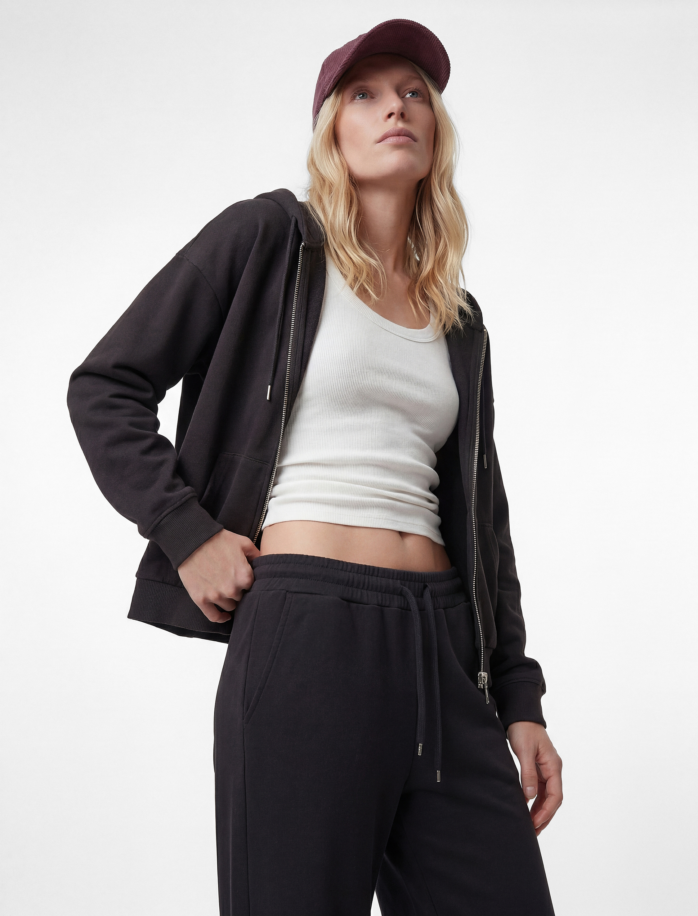   Modal Uzun Kollu Cepli Tam Fermuarlı Kapüşonlu Sweatshirt