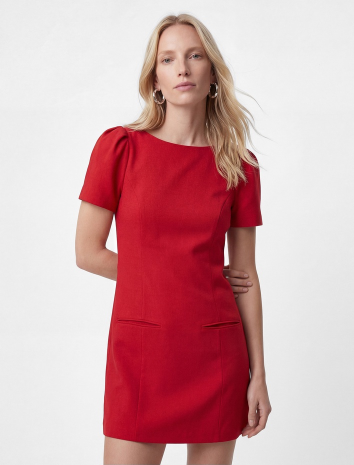  Viskon Keten Karışımlı Cep Detaylı A Kesim Kısa Balon Kollu Mini Elbise