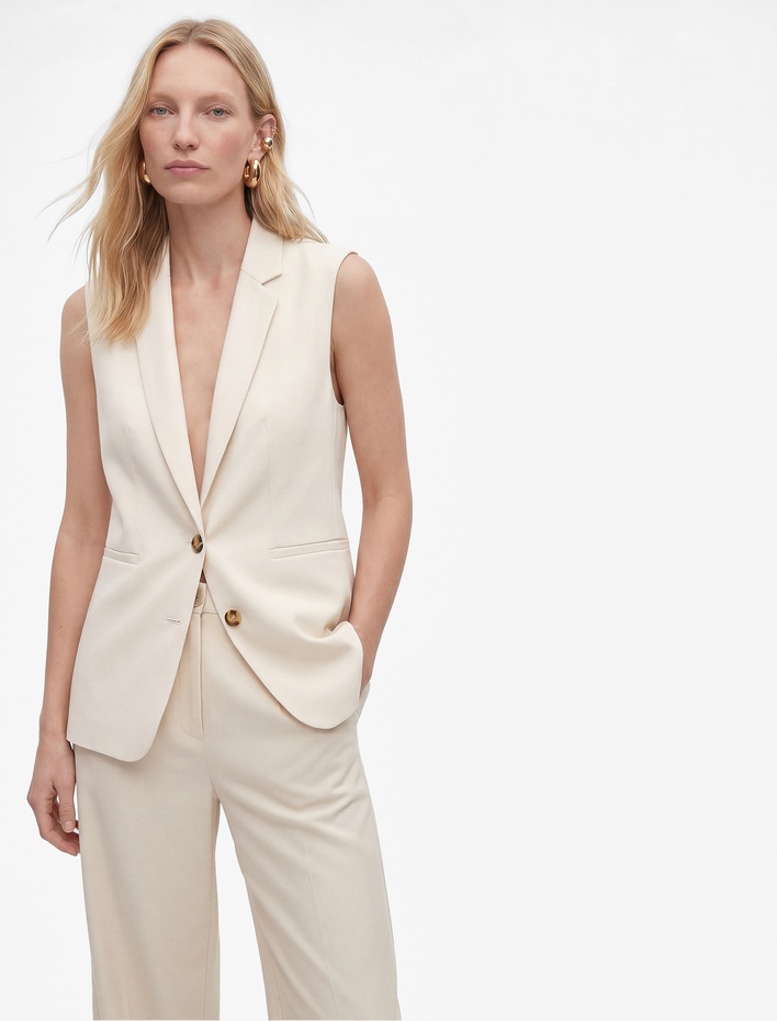  Geniş Yaka Cep Detaylı Kolsuz Düğmeli Viskon Blazer Yelek