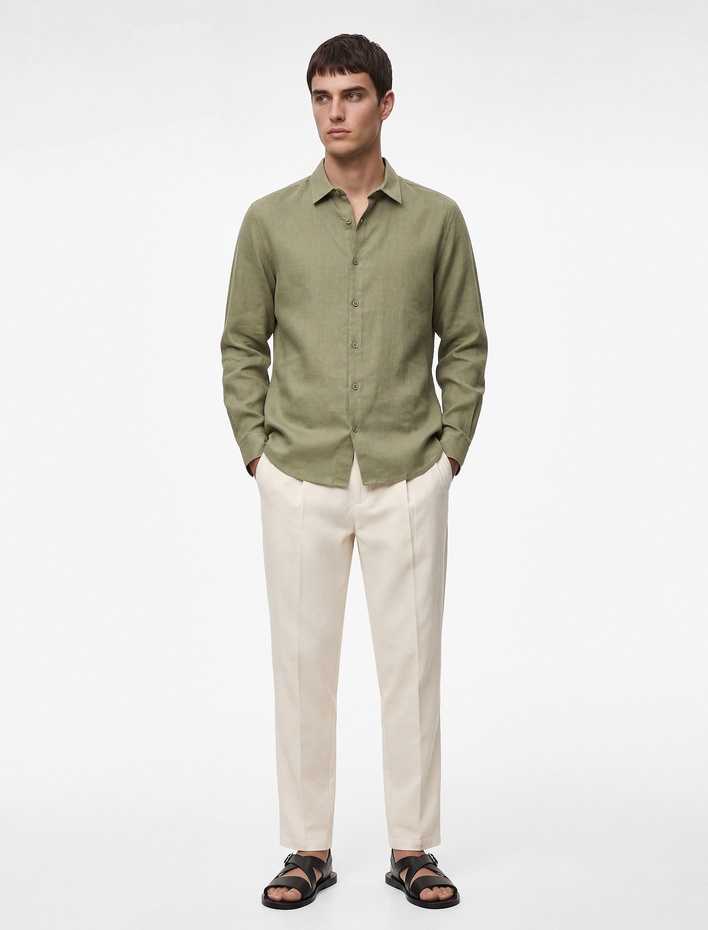  Regular Fit Düğmeli Yaka Uzun Kollu Keten Gömlek