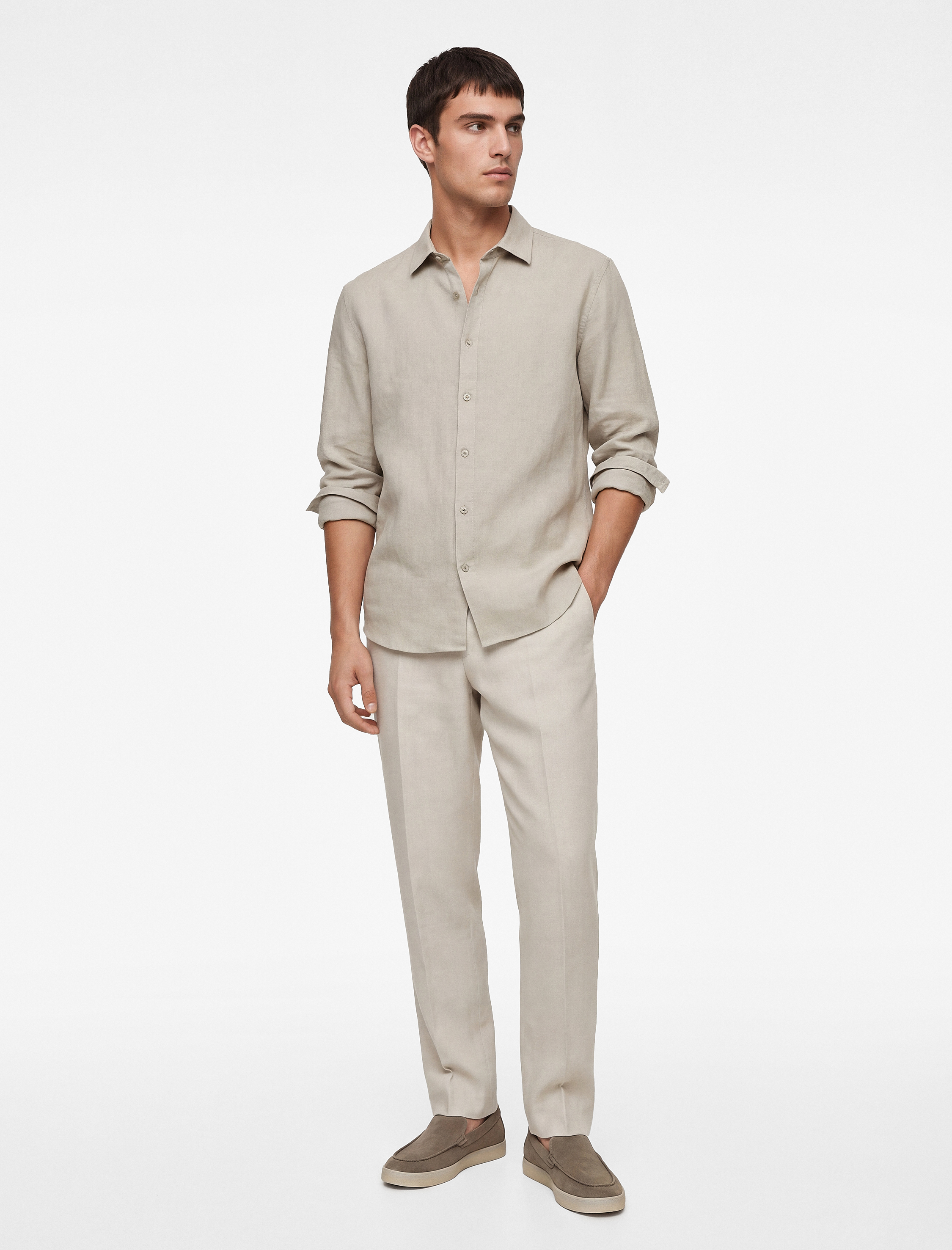 Regular Fit Düğmeli Klasik Yaka Uzun Kollu Keten Gömlek