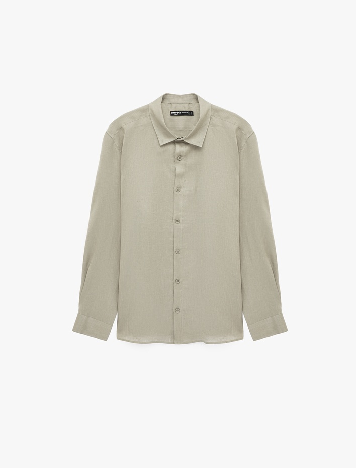  Regular Fit Düğmeli Klasik Yaka Uzun Kollu Keten Gömlek