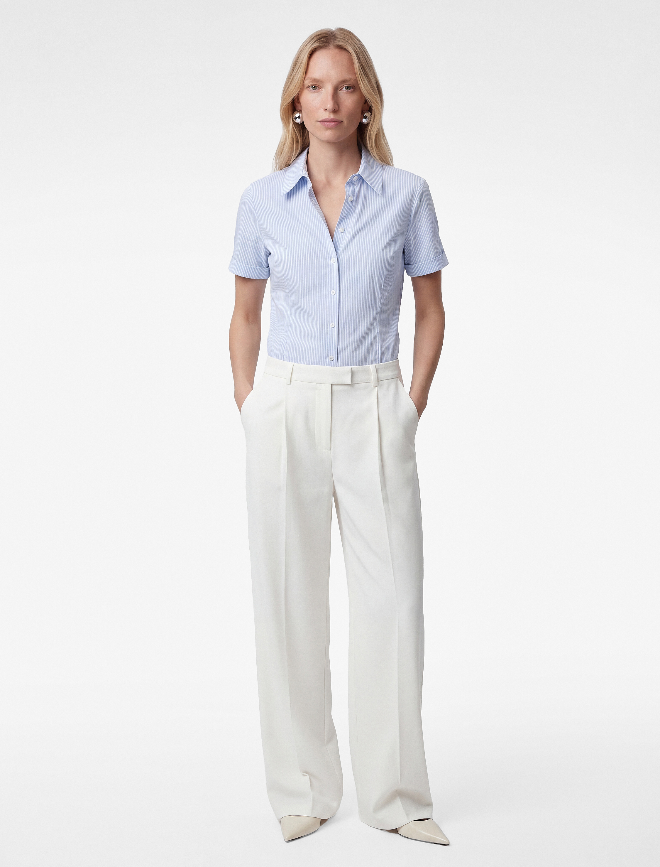 Slim Fit Klasik Yaka Kısa Kollu Çizgili Poplin Gömlek