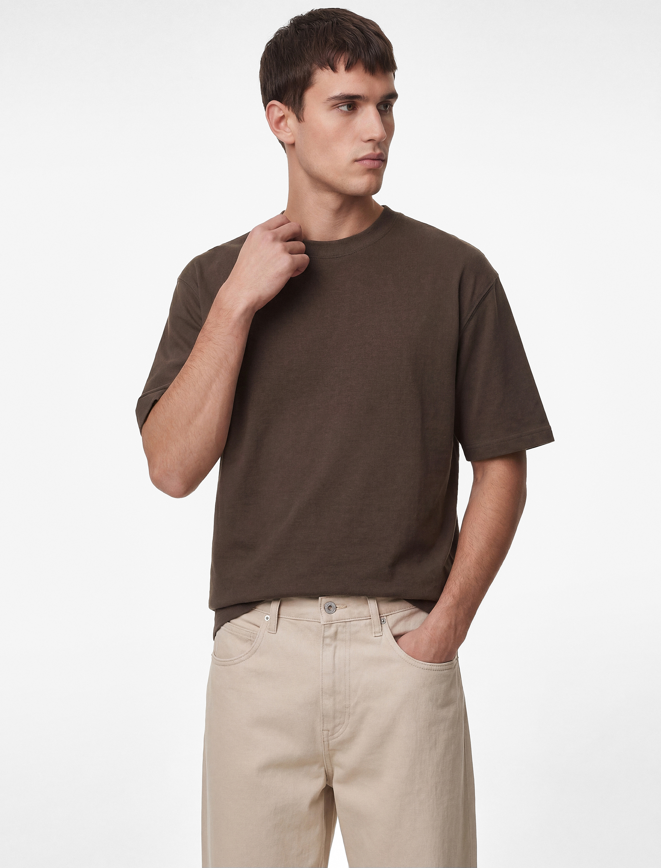   Kısa Kollu Pamuklu Tok Kumaş Bisiklet Yaka Oversize Basic Tişört