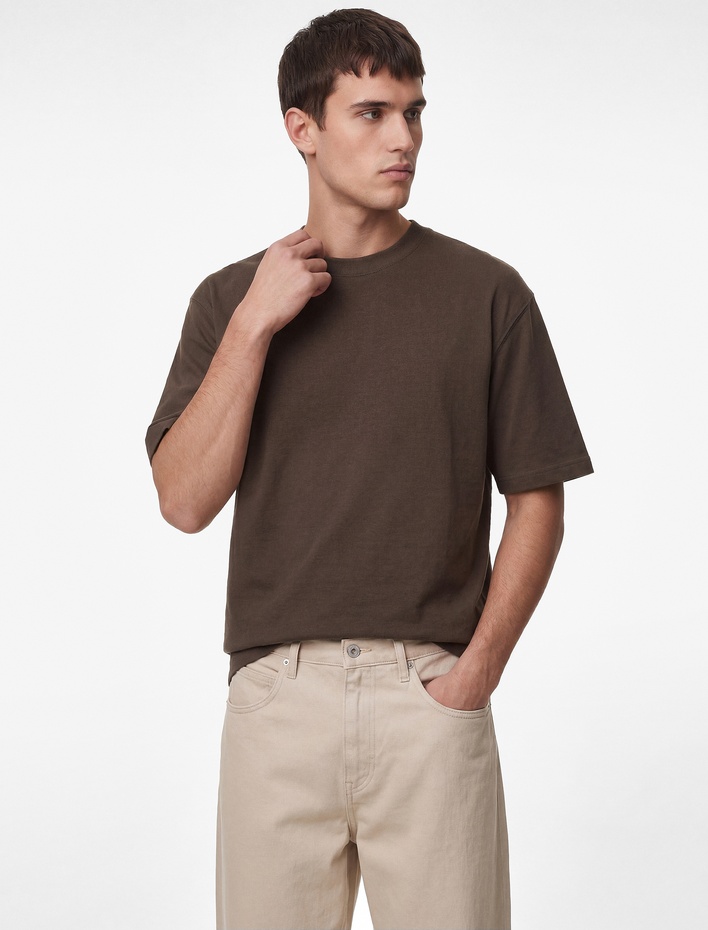  Kısa Kollu Pamuklu Tok Kumaş Bisiklet Yaka Oversize Basic Tişört