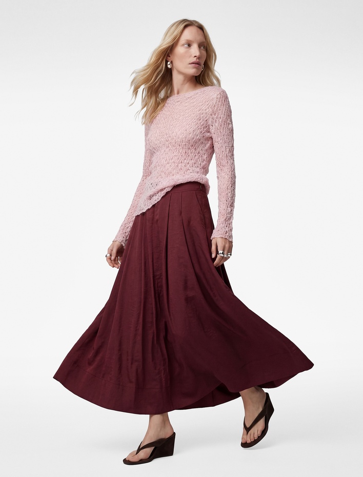  Rahat Kalıp Modal Kumaş Cepli Pileli Midi Etek