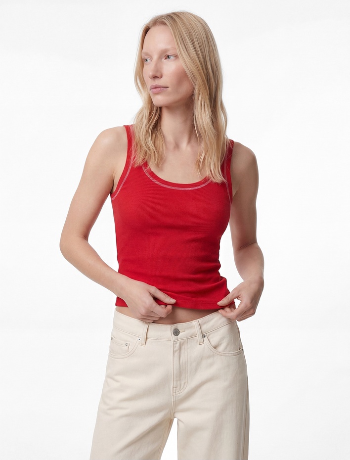  Pamuklu Slim Fit Dikiş Detaylı U Yaka Halter Yaka Fitilli Atlet