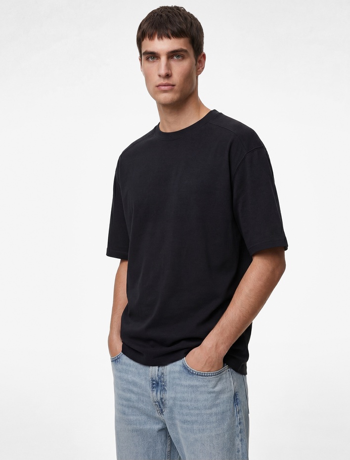  Uzun Kollu Oversize Bisiklet Yaka Kısa Kollu Basic Tişört