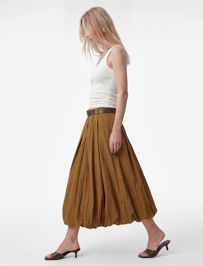  Yüksek Bel Kemer Detaylı Paraşüt Kumaş Midi Balon Etek